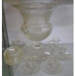 A large 19th Century cut glass vase (a/f), five cut glass dressing table candlesticks, and a
