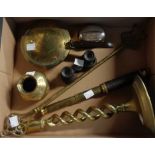 A brass open twist candlestick, small two drawer telescope, etc.