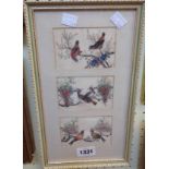 A frame containing three small 19th Century Chinese watercolours on pith paper all depicting pairs