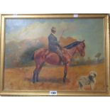 A gilt framed oil on canvas depicting a horse and rider in a field with an Old English Sheepdog