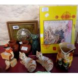 Assorted ceramics including mounted pot lid, cat figurines, boxed Chinese tea set, etc.
