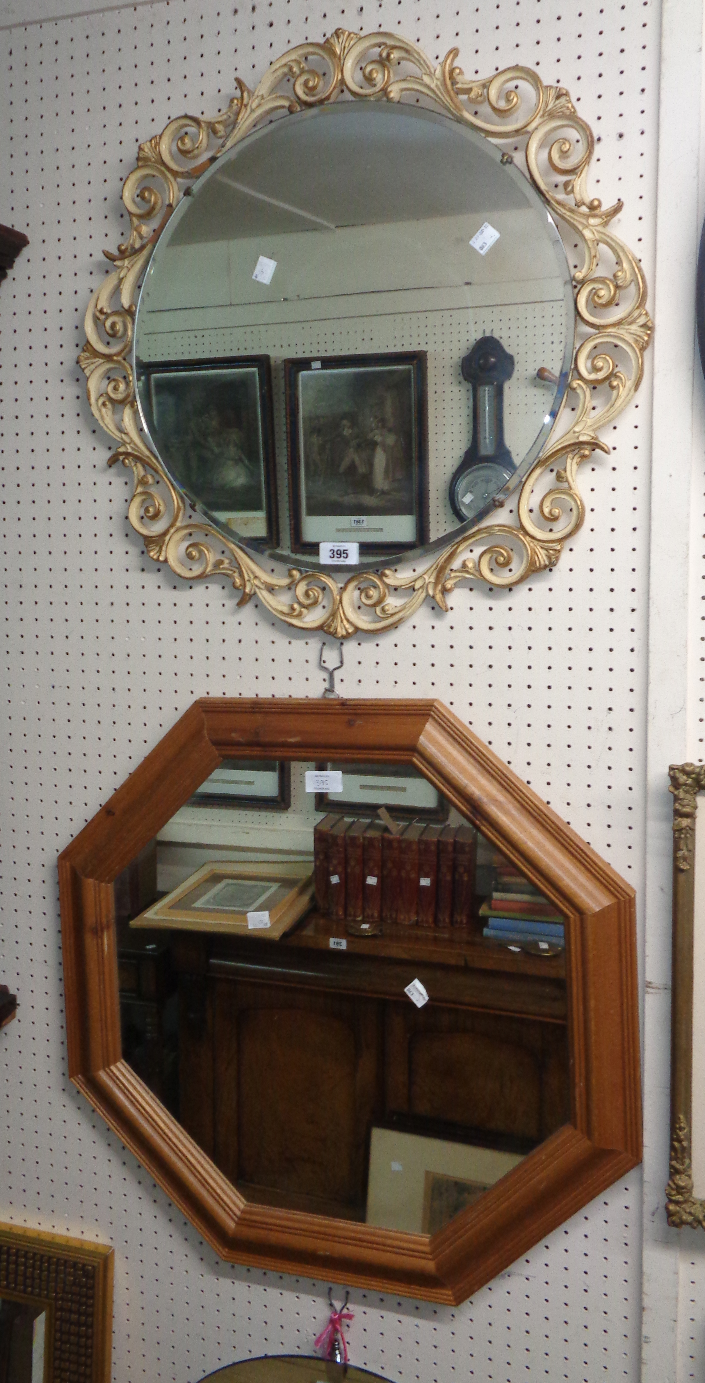 A vintage Aisonea ornate parcel gilt framed bevelled circular wall mirror (a/f) - sold with a pine