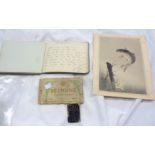 A Japanese woodblock print of a fish (a/f), 20th Century autograph book, postcards, miniature