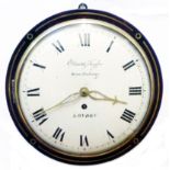 A late Regency brass inlaid mahogany cased dial wall timepiece, the 10" slightly convex painted dial