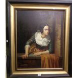 An ebonised and parcel gilt framed reproduction oil on canvas depicting a 18th Century Spanish