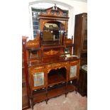 A 4' Edwardian inlaid rosewood mirror back display cabinet with ornate pediment, fretwork galleries,