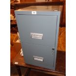 A 16" modern two drawer metal filing cabinet with grey painted finish and key