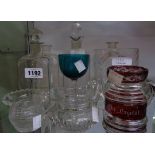 A quantity of assorted antique glasses and decanters including Crystal Palace mug, heavy cut 19th