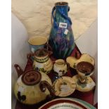 Nine pieces of Torquay pottery including Aller Vale cockerel teapot, Watcombe chamberstick,