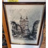 A.P.: a framed monochrome view of a street scene with clock tower - signed and dated 1982
