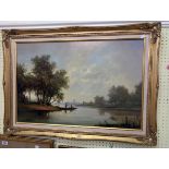 †M. Jeffries: a gilt framed and hessian slipped oil on panel, depicting a river view with figures in