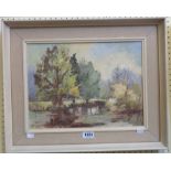 Betty Rand: a vintage painted wood and hessian framed oil on board, entitled verso "A Devon