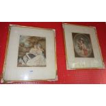 Two antique coloured prints of Georgian ladies - both signed in pencil to the margin and bearing