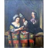 An antique gilt framed and slipped oil on panel depicting an interior scene with male musician,