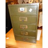 A 10 3/4" vintage green painted metal five drawer filing cabinet