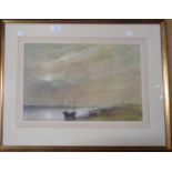 Ken Hildrew: a pair of gilt framed watercolours depicting beached sailing vessels and figures on the