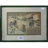 A set of three framed late Japanese woodblock prints depicting various scenes - sold with two