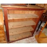 A 3' 6" Victorian pitch pine four shelf bookcase with moulded top and plinth base - doors removed