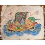 A Japanese painting on pith paper depicting the treasure boat containing the seven immortals,