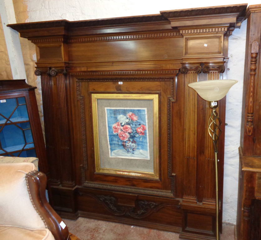 A 7' antique mahogany overmantel mirror frame with break front acanthus and dentil cornice (slight