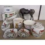 Five pieces of Crown Staffordshire hunting ware including large and small ginger jars, commemorative