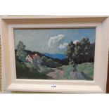 †J. C. Howard: a painted framed oil on canvas depicting a stylised landscape with figures on a track