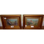 †E. Hume: a pair of small gilt framed and slipped oils on card depicting fisher women, one mending