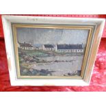 Keag: a framed vintage oil on board depicting whitewashed coastal cottages with figures on the