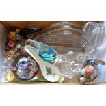 A box containing assorted china and glass including Sowerby pressed glass water crane design posy,
