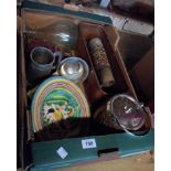 A box containing a quantity of assorted items including decorative Spanish tin glaze plate, carved