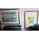 A framed coloured print, depicting French sailing vessels in the English Channel - sold with Kate