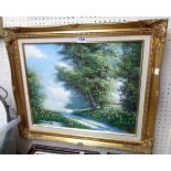 Mike Nance: a gilt and hessian framed oil on board depicting a rural track with trees and