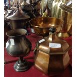 Two copper urns, a large copper chalice and a pewter vase