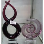 A Murano amethyst blown glass spiral sculpture on square base - sold with a similar double helix