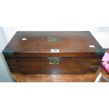 A 19 3/4" 19th Century brass bound mahogany writing slope with fitted interior, pin locking drawer