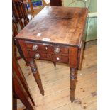 A 18" Victorian mahogany drop-leaf work table with double fronted deep drawer, set on ring turned