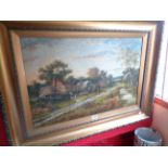 Arthur Batt: a wide gilt framed oil on canvas depicting figures conversing before cottages in New