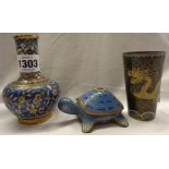 A cloisonné vase, beaker and tortoise