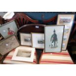 A collection of framed coloured prints including local interest views, Devonshire map and military