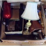 A box containing assorted collectables including cash boxes, metronome, Art Deco photograph frame,