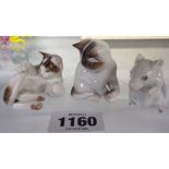 Two Rosenthal porcelain cat figurines and a mouse (a/f)