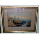 A gilt framed late 19th Century watercolour, depicting a view of a waterway with town and