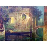 A gilt framed and velvet slipped oil on canvas, depicting a Venetian canal view with buildings and