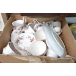 A box containing a Royal Albert Lavender Rose pattern part tea set, etc.