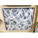 A painted wood framed abstract oil on canvas, scroll forms