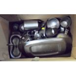 A box containing assorted Old Hall stainless steel teaware including Robin Welch designs