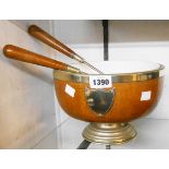 A polished oak salad bowl with silver plated mounts and pair of servers to match - liner a/f