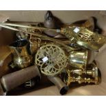 A box of assorted brassware including a pair of modern candlesticks, a pair of Victorian ejector