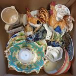 A quantity of assorted china including Coalport style dish and plates, cockerel figurines, etc.
