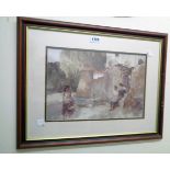 After William Russell Flint: a framed coloured print, depicting Spanish ladies before a doorway